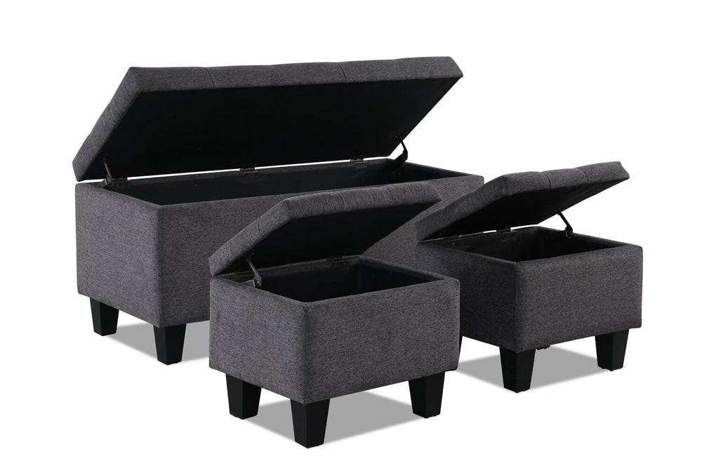 Kai 19.5″ 3-Piece Storage Ottomans – Grey Linen-Look Furniture