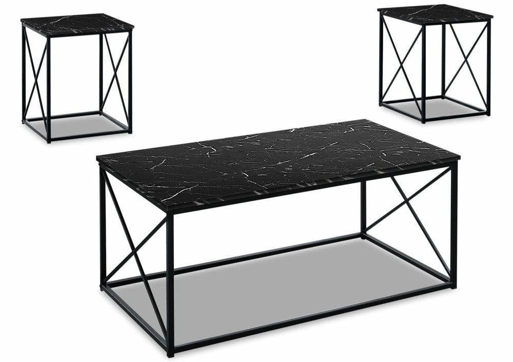 Kasey 42.25″ Modern 3-Pack Coffee + 2 End Tables – Black Marble Look With Black Metal Base Coffee Tables