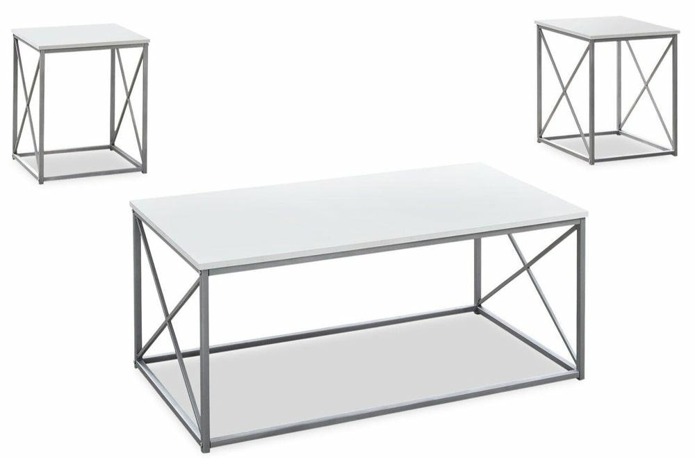 Kasey 42.25″ Modern 3-Pack Coffee + 2 End Tables – White With Grey Metal Base Coffee Tables