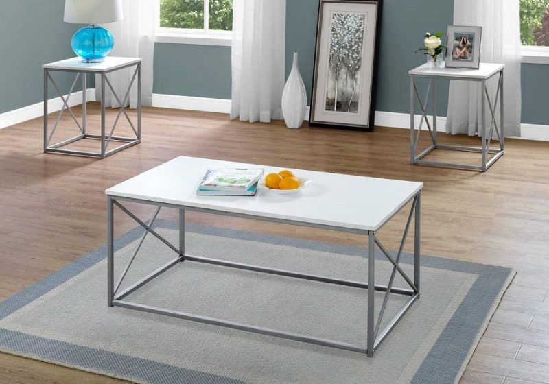 Kasey 42.25″ Modern 3-Pack Coffee + 2 End Tables – White With Grey Metal Base Coffee Tables