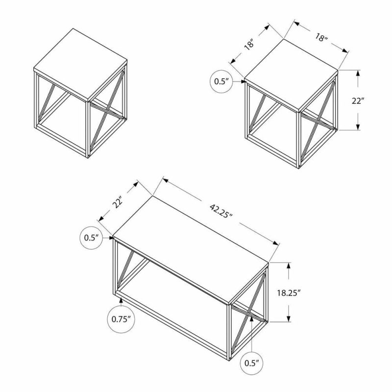 Kasey 42.25″ Modern 3-Pack Coffee + 2 End Tables – White With Grey Metal Base Coffee Tables