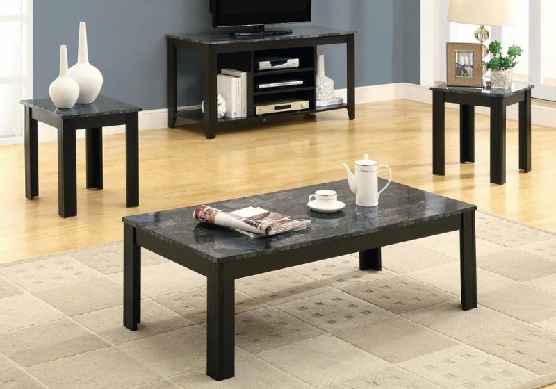 Kiana 44″ Modern 3-Pack Coffee + 2 End Tables – Black And Grey Marble Look Coffee Tables