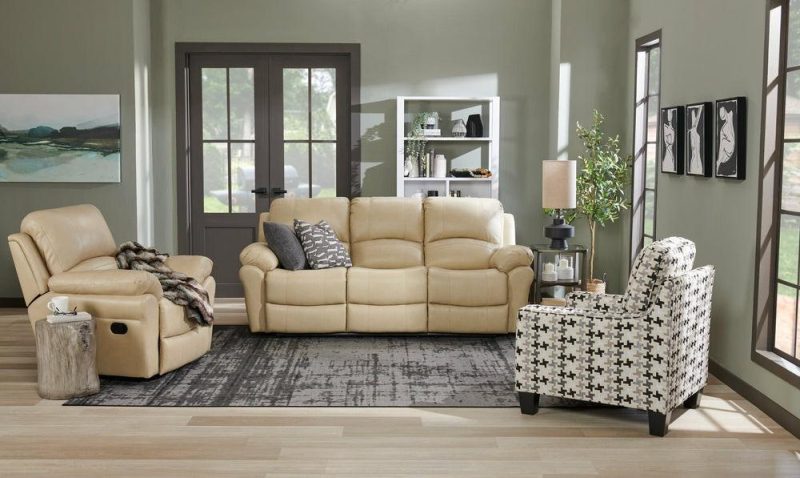 Kobe 87.4″ Stone Beige Genuine Leather Reclining Sofa Furniture