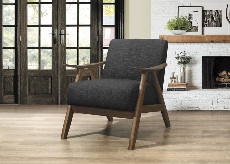 Kyra 28.5″ Grey Linen-Look Fabric Accent Chair With Curved Arms And Wood Frame Accent Chairs