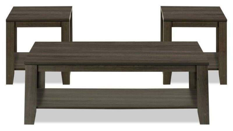 Lincoln 42″ Traditional 3-Pack Coffee + 2 End Tables With Shelf – Black Brown Coffee Tables