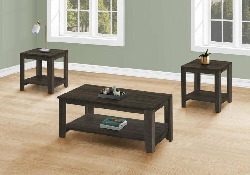 Lincoln 42″ Traditional 3-Pack Coffee + 2 End Tables With Shelf – Black Brown Coffee Tables