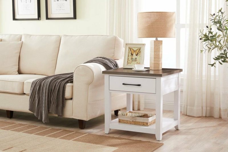 Logan 22″ Traditional End Table With Storage And Shelf – White And Walnut Oak End Tables