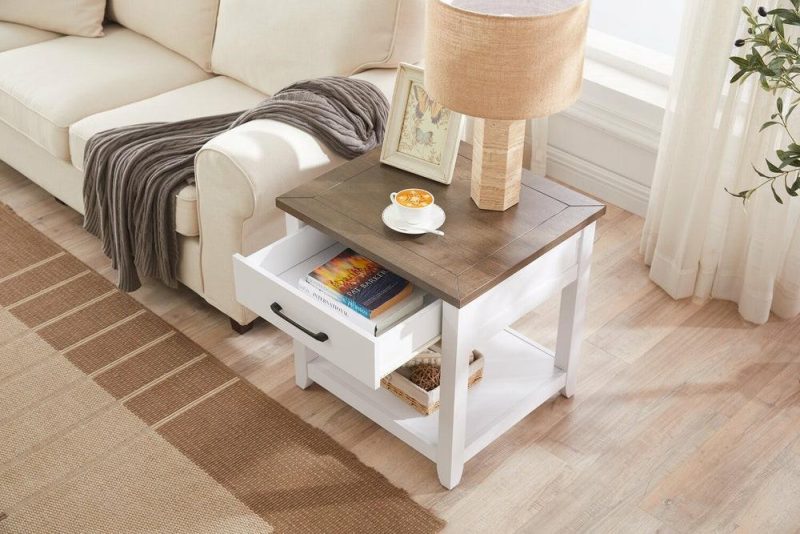 Logan 22″ Traditional End Table With Storage And Shelf – White And Walnut Oak End Tables