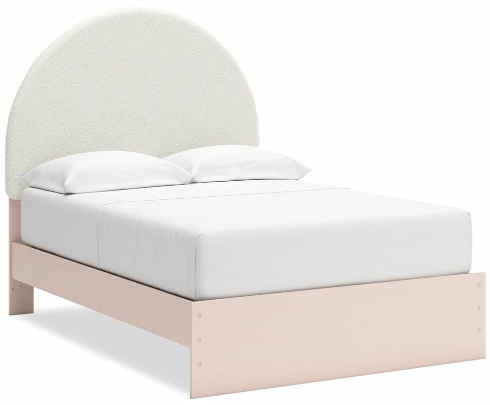 Lola Panel Bed, White Boucle Fabric & Blush – Full Size Bedroom