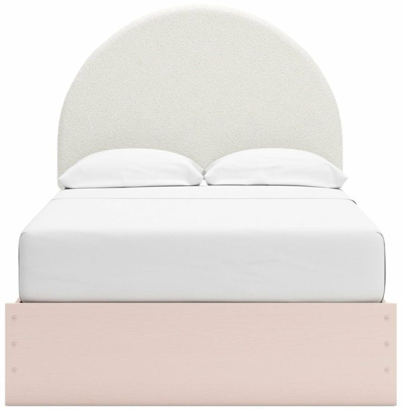 Lola Panel Bed, White Boucle Fabric & Blush – Full Size Bedroom