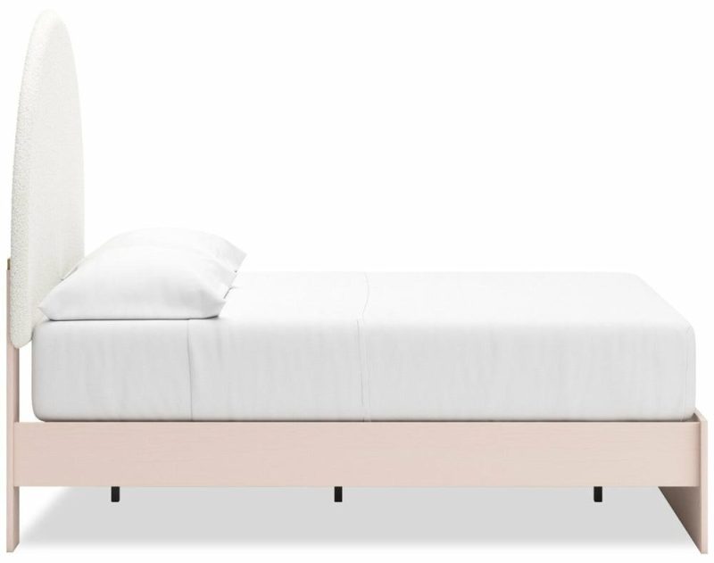 Lola Panel Bed, White Boucle Fabric & Blush – Full Size Bedroom