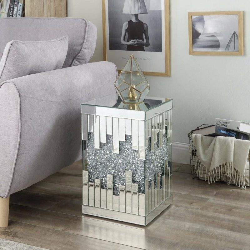 Lori 12″ Mirrored Accent Table With Crystals – Silver End Tables