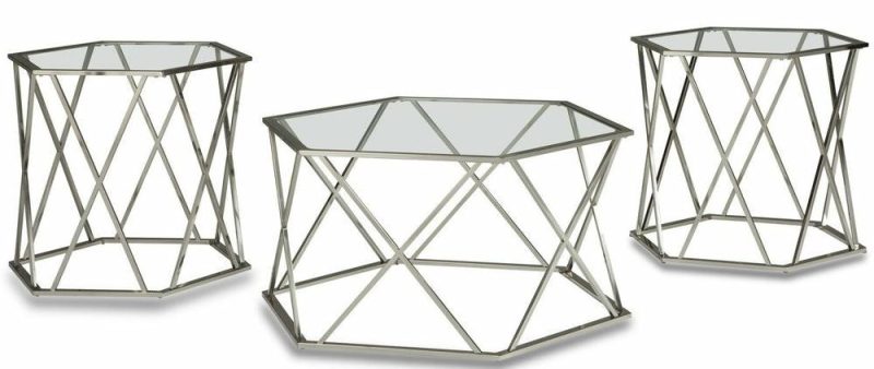 Madanere 39″ Modern Hexagon 3-Pack Coffee + 2 End Tables – Chrome Metal With Glass Top Coffee Tables