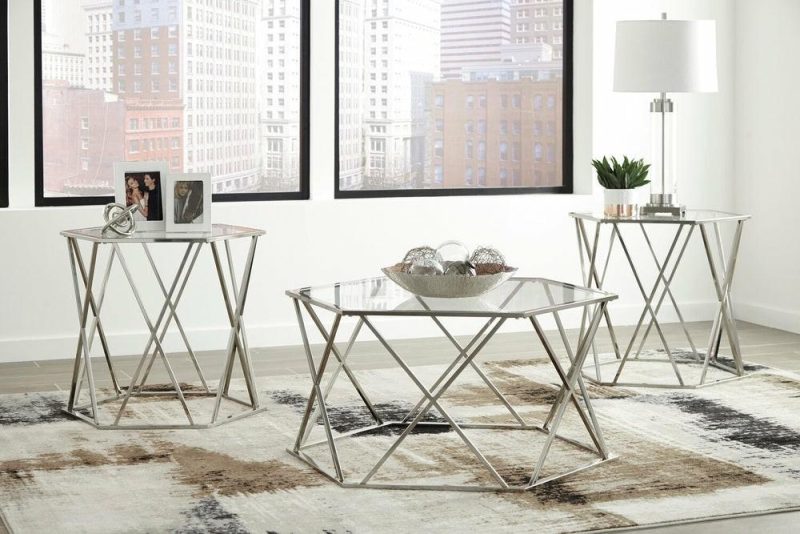 Madanere 39″ Modern Hexagon 3-Pack Coffee + 2 End Tables – Chrome Metal With Glass Top Coffee Tables