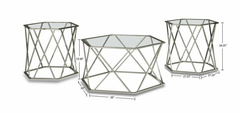 Madanere 39″ Modern Hexagon 3-Pack Coffee + 2 End Tables – Chrome Metal With Glass Top Coffee Tables