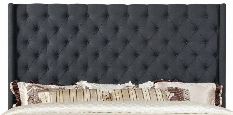 Madrid Upholstered Wingback Headboard In Grey Fabric, Button Tufted – King Size Bedroom