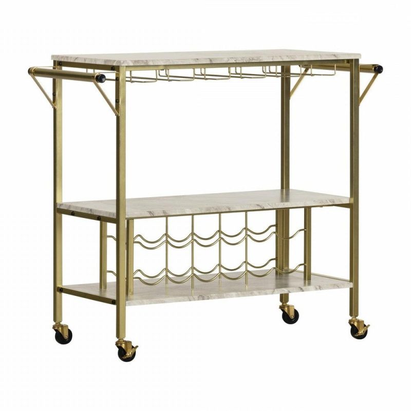 Maliza Bar Cart With Wine Bottle Storage And Wine Glass Rack – Faux Carrara Marble And Gold Buffets, Servers And Cabinets