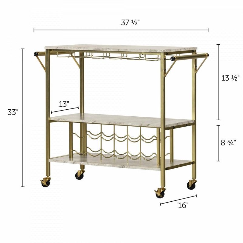 Maliza Bar Cart With Wine Bottle Storage And Wine Glass Rack – Faux Carrara Marble And Gold Buffets, Servers And Cabinets