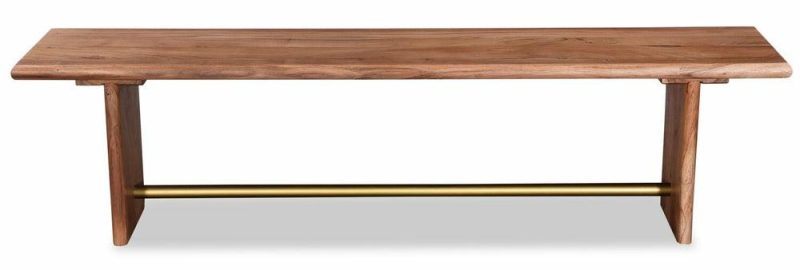 Malta Dining Bench, Acacia Wood, Gold Accent, Trestle Base  70″W – Natural Brown Dining Benches