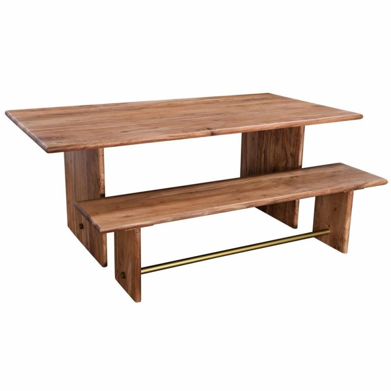 Malta Dining Bench, Acacia Wood, Gold Accent, Trestle Base  70″W – Natural Brown Dining Benches