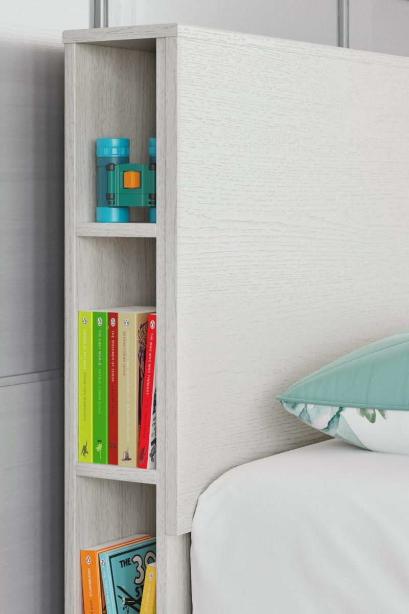 Mavi Bookcase Headboard For Kids, Usb, Mid-Century Modern, White – Twin Size Bedroom