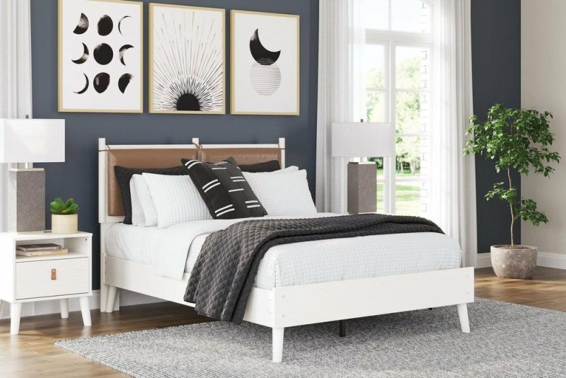 Mavi Panel Headboard With 2-Sided Fabric & Vegan Leather Cushions, White – Full Size Bedroom