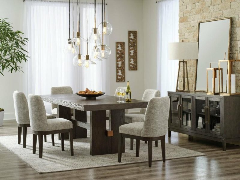 Metro 7Pc Dining Set With Table & 6 Chairs; 72-90″W Extension, Trestle Base – Brown Dining Room