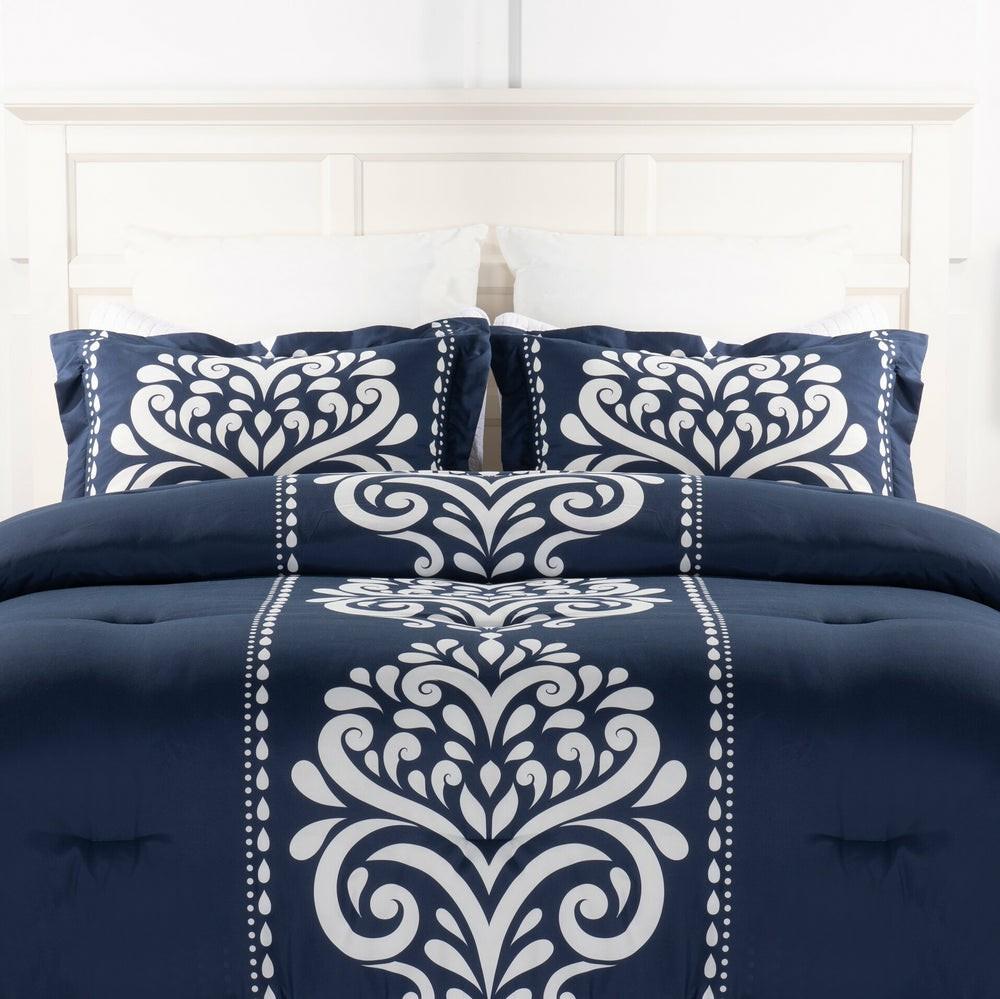 Navy Damask 3-Piece Full/Queen Comforter Set Bedding