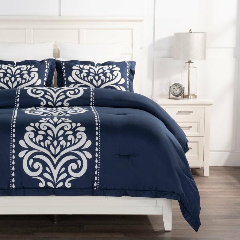 Navy Damask 3-Piece Full/Queen Comforter Set Bedding