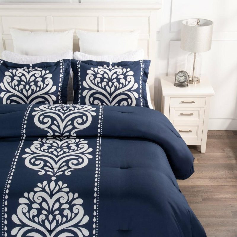 Navy Damask 3-Piece Full/Queen Comforter Set Bedding