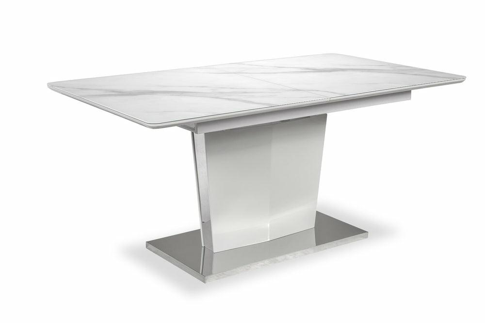 Naya Dining Table, 63-78.75″W Self-Storing Butterfly Leaf, Metal, Glass, Faux Marble – White Dining Room