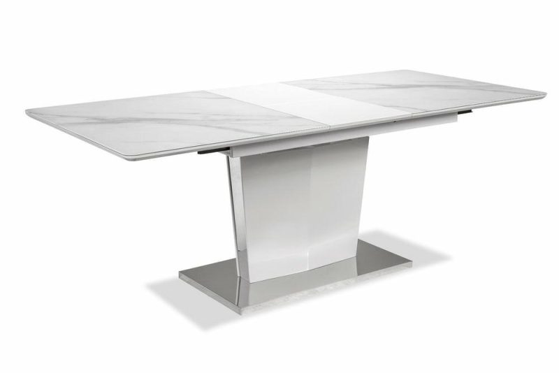 Naya Dining Table, 63-78.75″W Self-Storing Butterfly Leaf, Metal, Glass, Faux Marble – White Dining Room