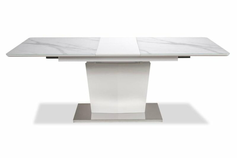 Naya Dining Table, 63-78.75″W Self-Storing Butterfly Leaf, Metal, Glass, Faux Marble – White Dining Room