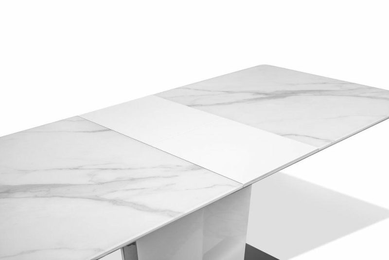 Naya Dining Table, 63-78.75″W Self-Storing Butterfly Leaf, Metal, Glass, Faux Marble – White Dining Room