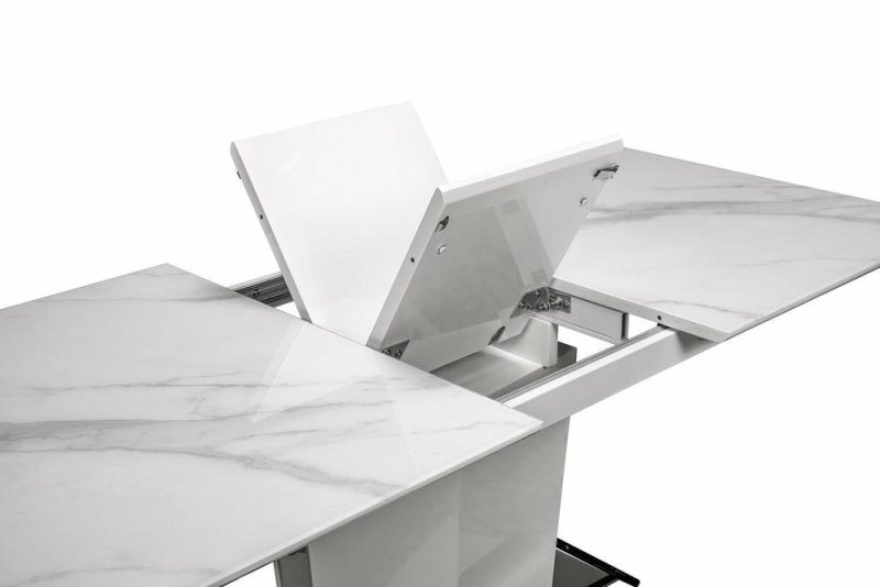 Naya Dining Table, 63-78.75″W Self-Storing Butterfly Leaf, Metal, Glass, Faux Marble – White Dining Room