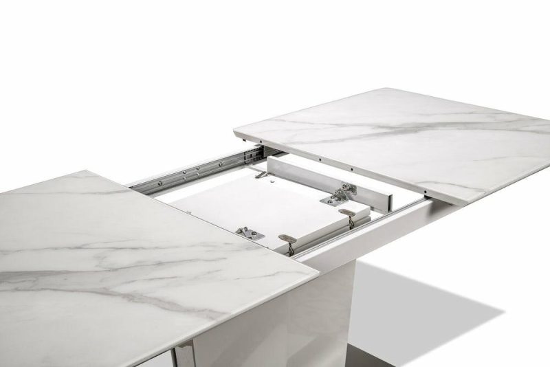 Naya Dining Table, 63-78.75″W Self-Storing Butterfly Leaf, Metal, Glass, Faux Marble – White Dining Room