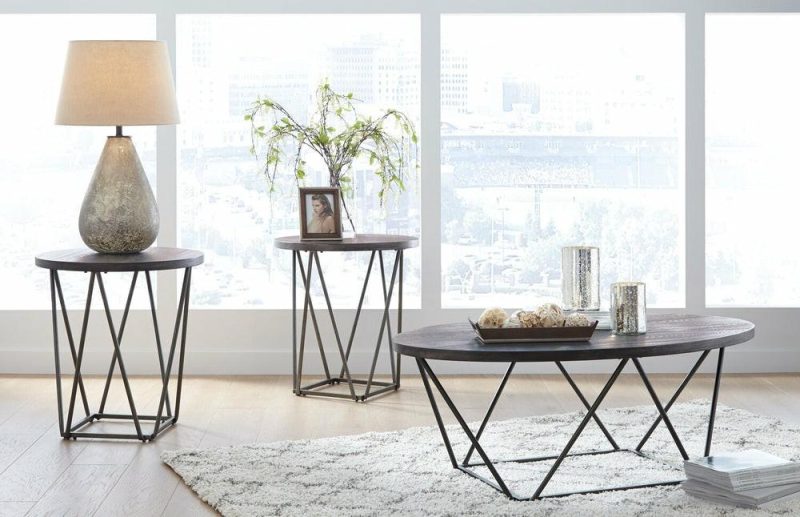 Neimhurst 47.5″ Modern Oval 3-Pack Coffee + 2 End Tables – Grey-Brown Top With Metal Legs Coffee Tables