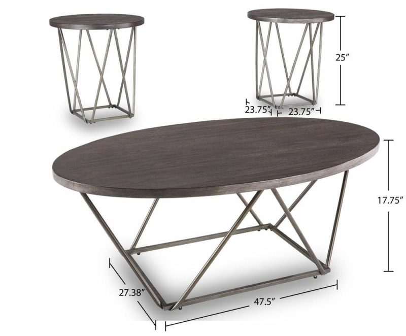 Neimhurst 47.5″ Modern Oval 3-Pack Coffee + 2 End Tables – Grey-Brown Top With Metal Legs Coffee Tables