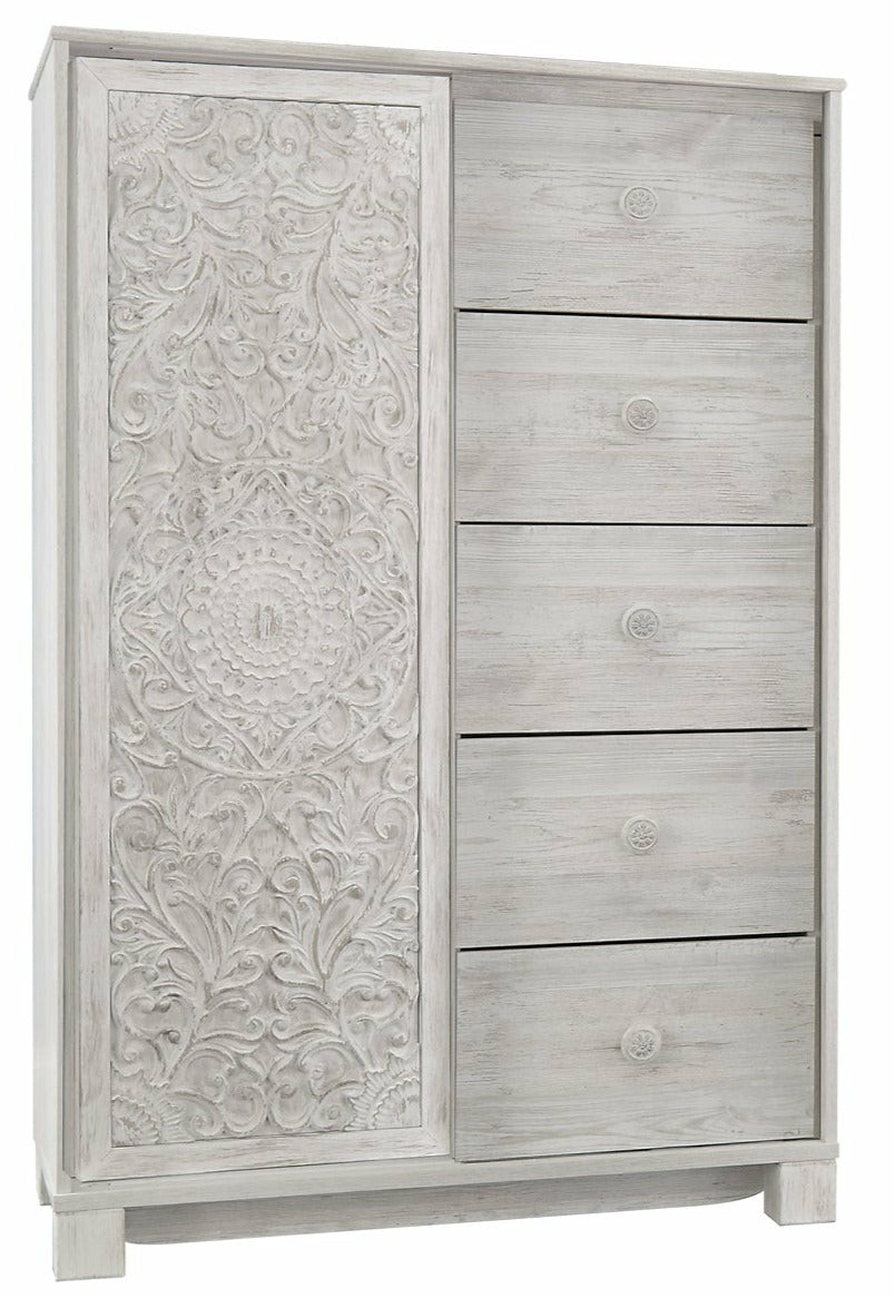 Nola Bedroom 5-Drawer Chest With Storage Cabinet, 36.8″W X 55.5″H – Whitewash Armoires & Wardrobes