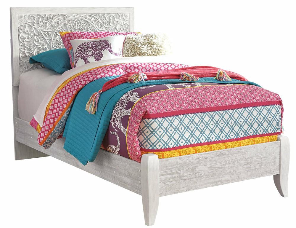 Nola Panel Bed For Kids, Carved Design, Whitewash – Twin Size Bedroom