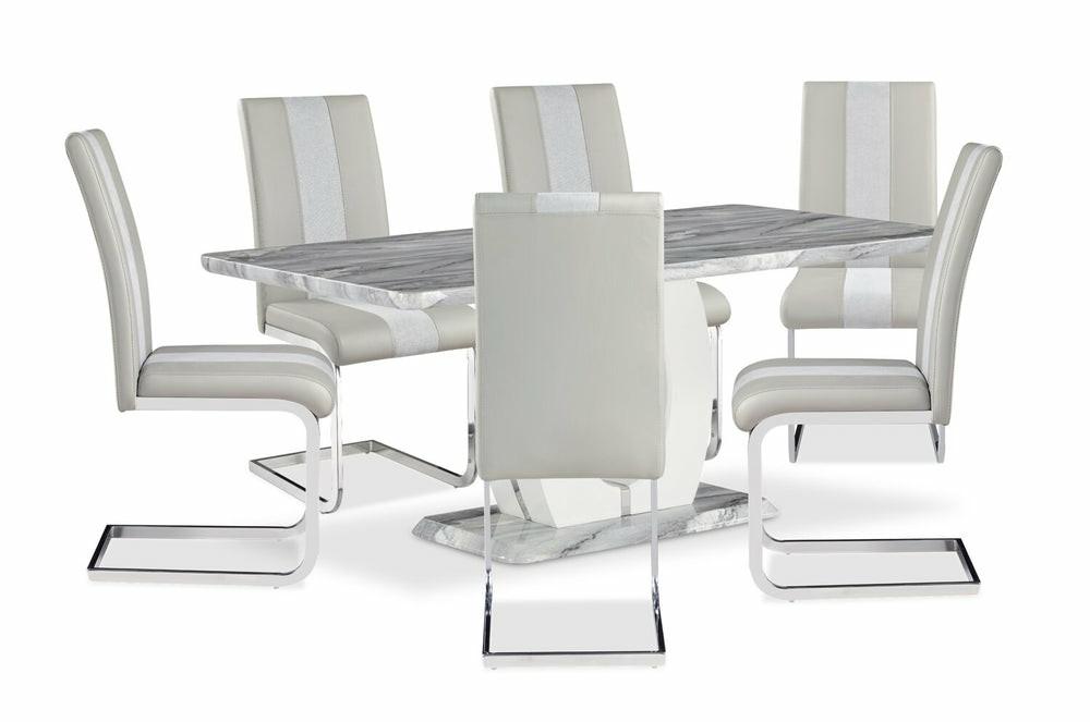 Nova 7Pc Dining Set With Table & 6 Chairs, Marble-Look Top, Pedestal Base, 71″W – White Dining Room