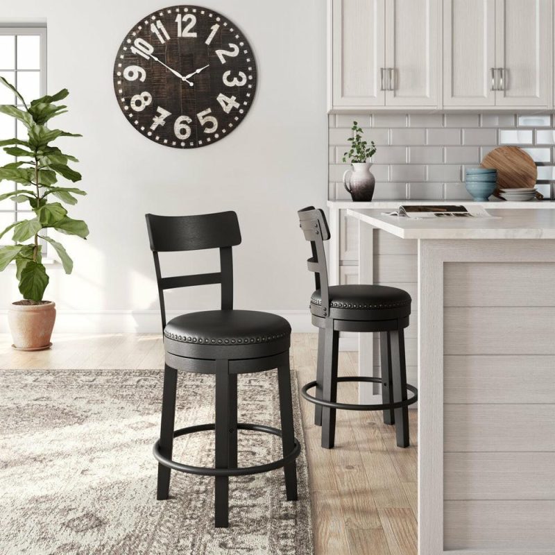 Otis Counter-Height Stool With Swivel Seat, Vegan Leather Fabric, Metal – Black Bar Stools