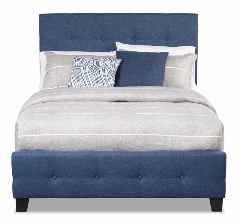 Page Upholstered Bed In Blue Linen-Look Fabric, Button Tufted – Full Size Bedroom