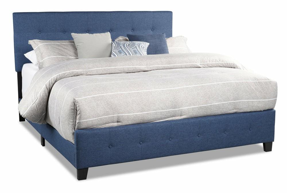 Page Upholstered Bed In Blue Linen-Look Fabric, Button Tufted – King Size Bedroom