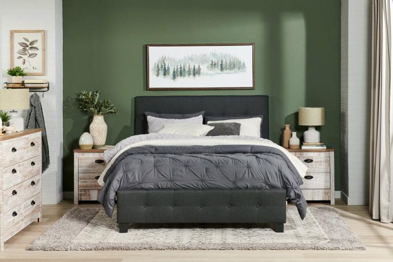 Page Upholstered Bed In Charcoal Linen-Look Fabric, Button Tufted – King Size Bedroom