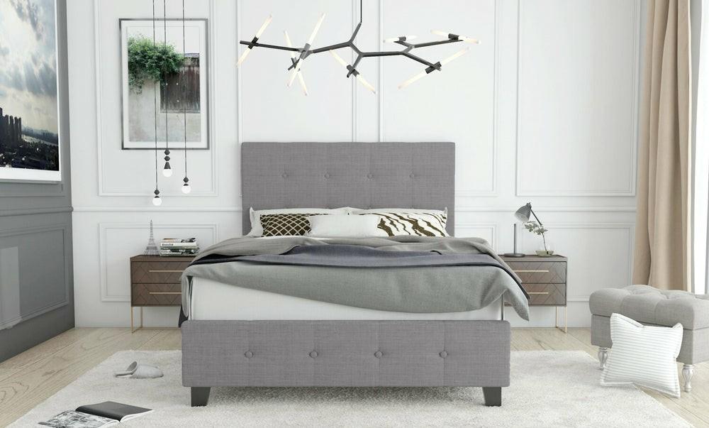 Page Upholstered Bed In Grey Linen-Look Fabric, Button Tufted – Full Size Bedroom