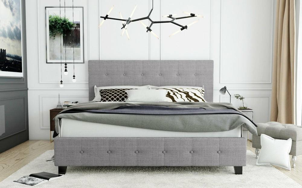 Page Upholstered Bed In Grey Linen-Look Fabric, Button Tufted – King Size Bedroom