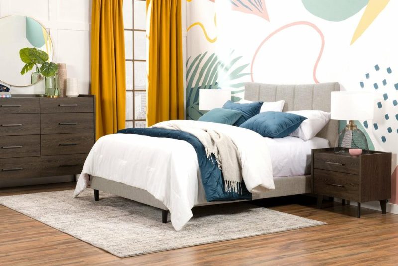 Paseo Upholstered Platform Bed In Taupe Fabric – Full Size Bedroom