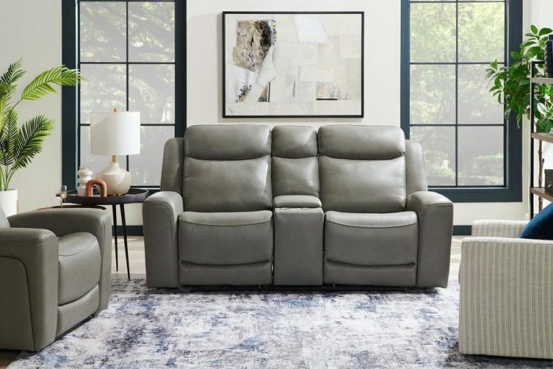 Prescott Genuine Leather Power Reclining Loveseat – Grey Furniture