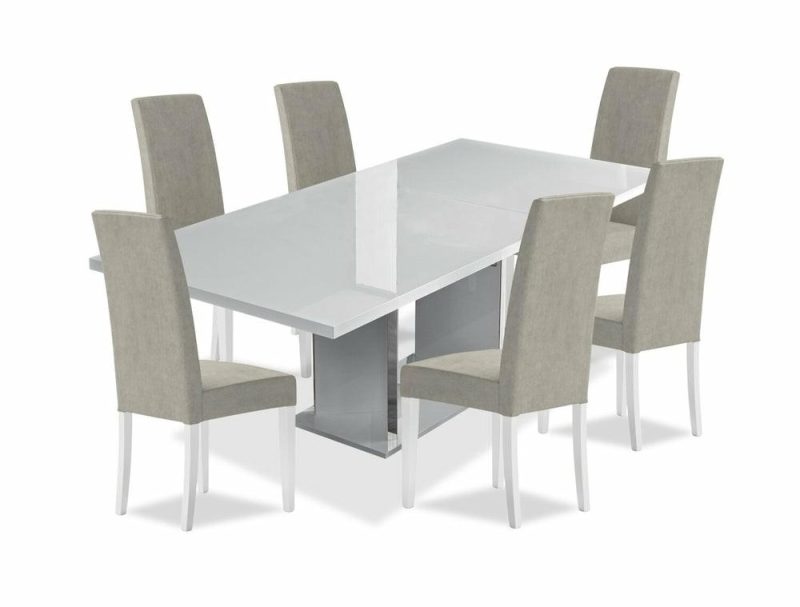 Raia 7Pc Dining Set With Table & 6 Chairs, Pedestal Base, Modern, 71″W – White Dining Room